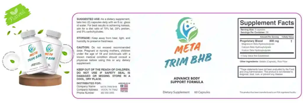 MetaTrim BHB Supplement Facts Label - BHB Ketone Ingredients Per Serving